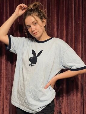 Vintage Playboy Light Blue Ringer Tee - Classic logo size XL bunny retro grunge